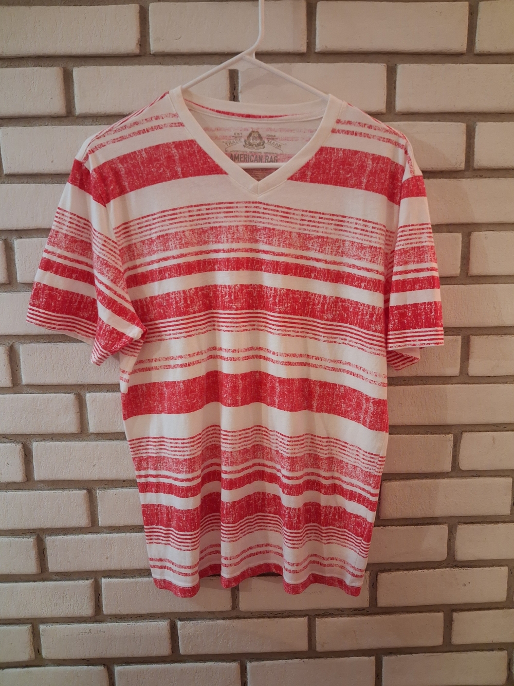 American Rag Red and White Striped V-Neck Tee. Size M